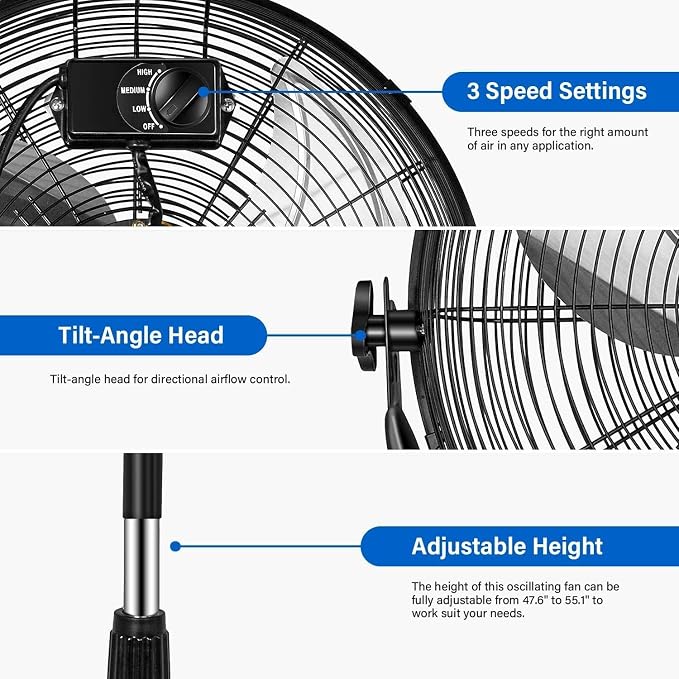 20 Inch Pedestal Standing Fan, High Velocity, Heavy Duty Metal For Industrial, Commercial, Residential, Greenhouse Use