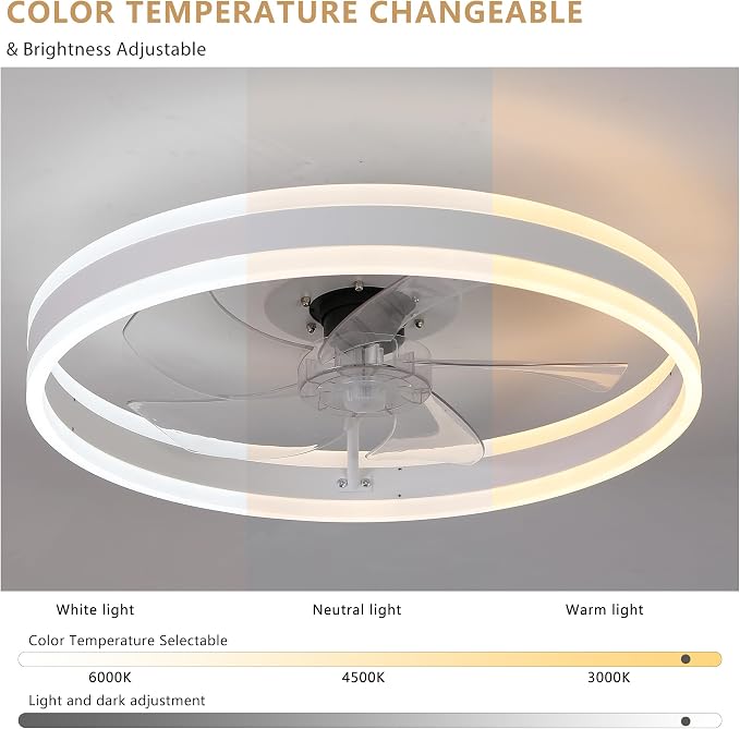 20" Low Profile Ceiling Fan with Light and Remote Control, Flush Mount Bladeless Ceiling Fan, 6-Speed Reversible Modern