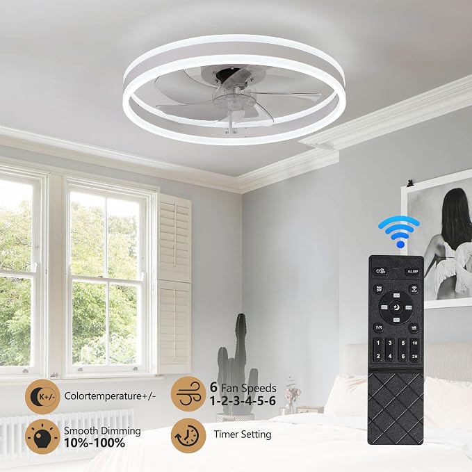 20" Low Profile Ceiling Fan with Light and Remote Control, Flush Mount Bladeless Ceiling Fan, 6-Speed Reversible Modern
