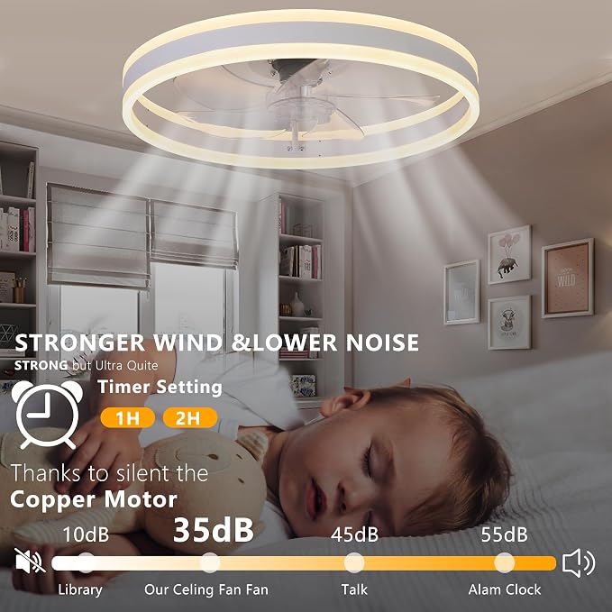 20" Low Profile Ceiling Fan with Light and Remote Control, Flush Mount Bladeless Ceiling Fan, 6-Speed Reversible Modern