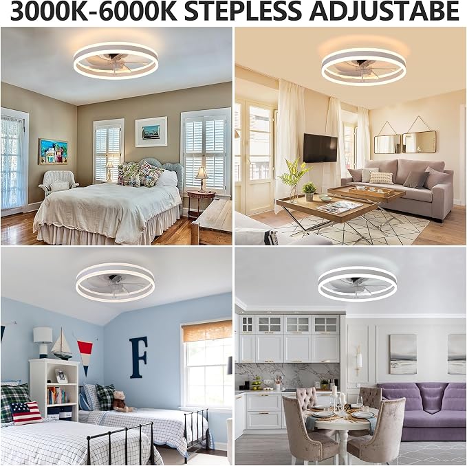 20" Low Profile Ceiling Fan with Light and Remote Control, Flush Mount Bladeless Ceiling Fan, 6-Speed Reversible Modern