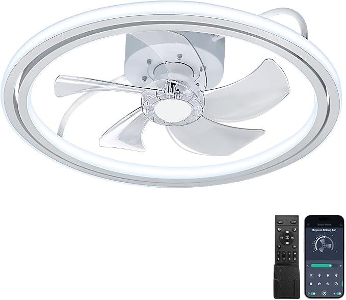 20" Low Profile Ceiling Fan with Light, Flush Mount Bladeless Fandelier, Quiet DC Motor,App and Remote Control,Dimmable LED