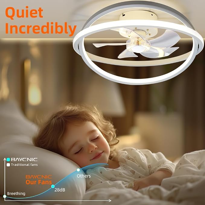 20" Low Profile Ceiling Fan with Light, Flush Mount Bladeless Fandelier, Quiet DC Motor,App and Remote Control,Dimmable LED
