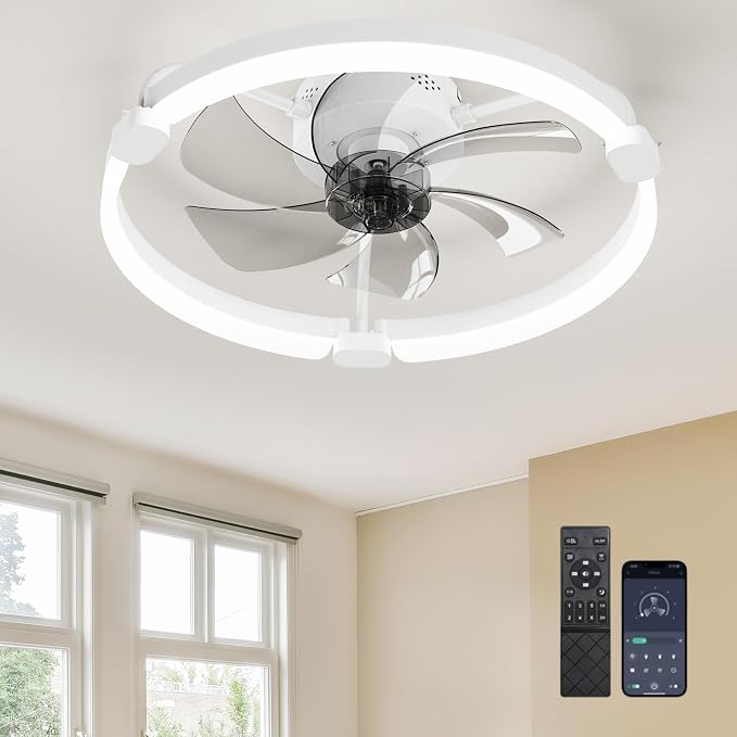 20'' Low Profile Ceiling Fans with Lights and Remote, Fandelier Ceiling Fan Flush Mount, APP Control, 6 Speed & 3000K-6500K