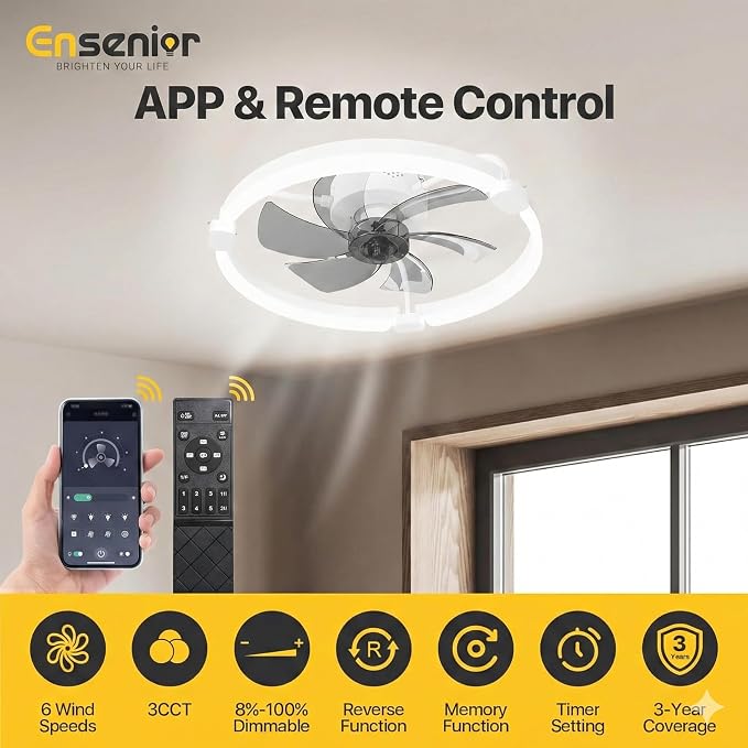 20'' Low Profile Ceiling Fans with Lights and Remote, Fandelier Ceiling Fan Flush Mount, APP Control, 6 Speed & 3000K-6500K