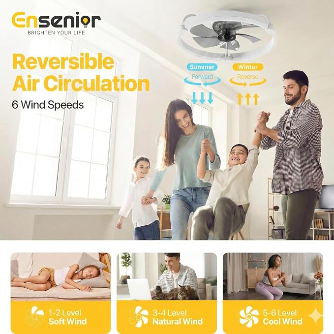 20'' Low Profile Ceiling Fans with Lights and Remote, Fandelier Ceiling Fan Flush Mount, APP Control, 6 Speed & 3000K-6500K