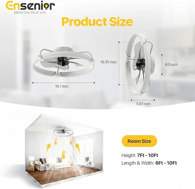 20'' Low Profile Ceiling Fans with Lights and Remote, Fandelier Ceiling Fan Flush Mount, APP Control, 6 Speed & 3000K-6500K