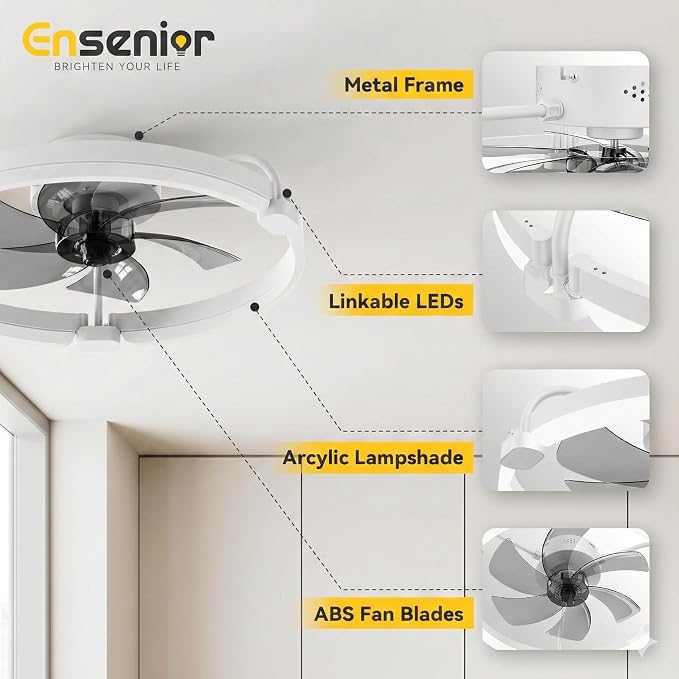20'' Low Profile Ceiling Fans with Lights and Remote, Fandelier Ceiling Fan Flush Mount, APP Control, 6 Speed & 3000K-6500K