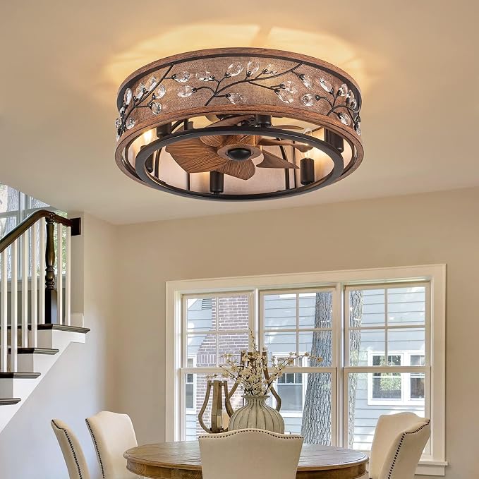 20" Low Profile Flush Mount Fandelier Ceiling Fan with Lights – Farmhouse Style, DC Motor Fixes Flickering, Reversible Motor