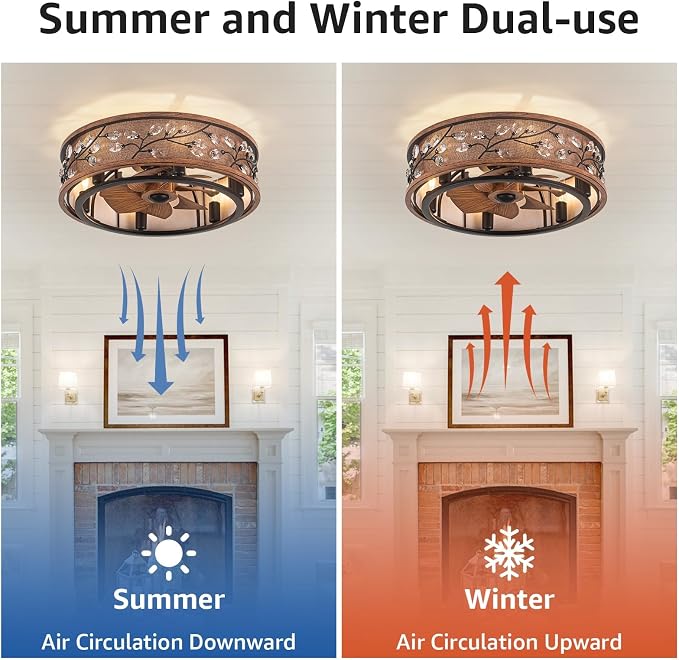 20" Low Profile Flush Mount Fandelier Ceiling Fan with Lights – Farmhouse Style, DC Motor Fixes Flickering, Reversible Motor