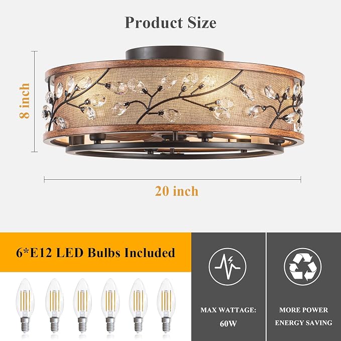 20" Low Profile Flush Mount Fandelier Ceiling Fan with Lights – Farmhouse Style, DC Motor Fixes Flickering, Reversible Motor