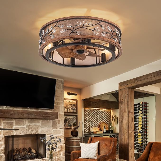 20" Low Profile Flush Mount Fandelier Ceiling Fan with Lights – Farmhouse Style, DC Motor Fixes Flickering, Reversible Motor