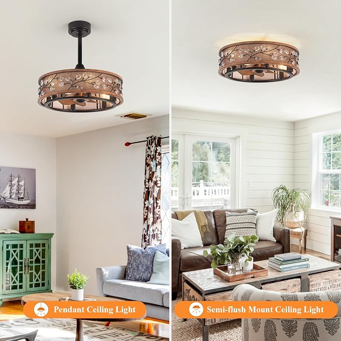 20" Low Profile Flush Mount Fandelier Ceiling Fan with Light – Farmhouse Style, DC Motor Fixes Flickering, alternate view 3