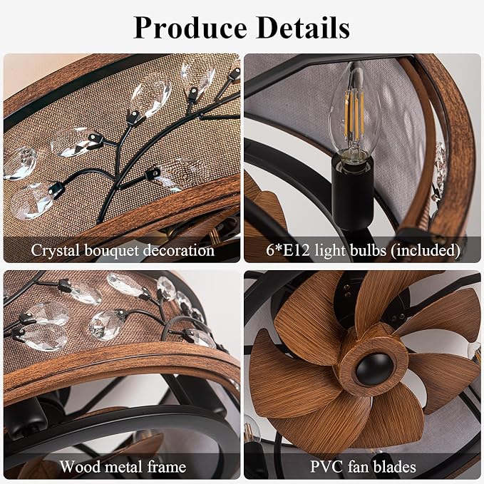 20" Low Profile Flush Mount Fandelier Ceiling Fan with Light – Farmhouse Style, DC Motor Fixes Flickering, alternate view 5