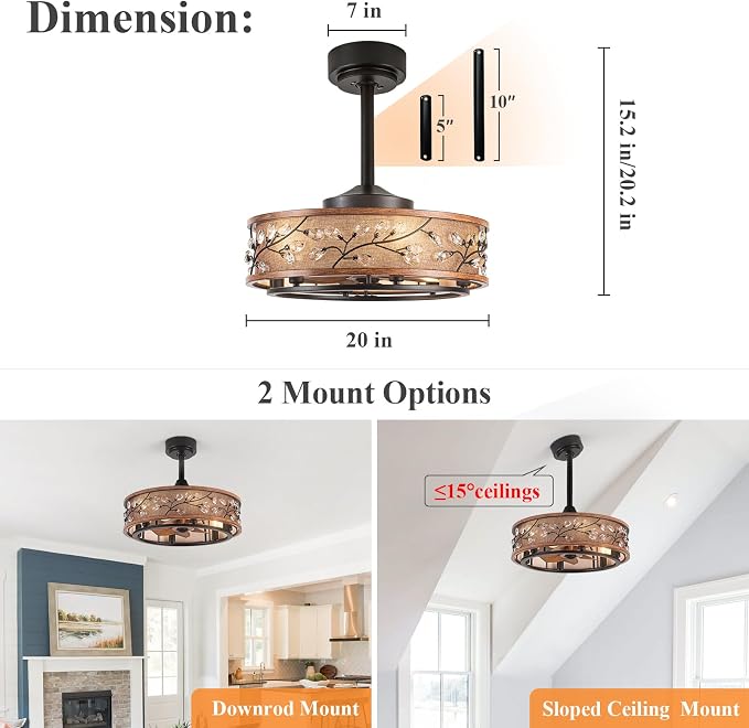 20" Low Profile Flush Mount Fandelier Ceiling Fan with Light – Farmhouse Style, DC Motor Fixes Flickering, alternate view 6