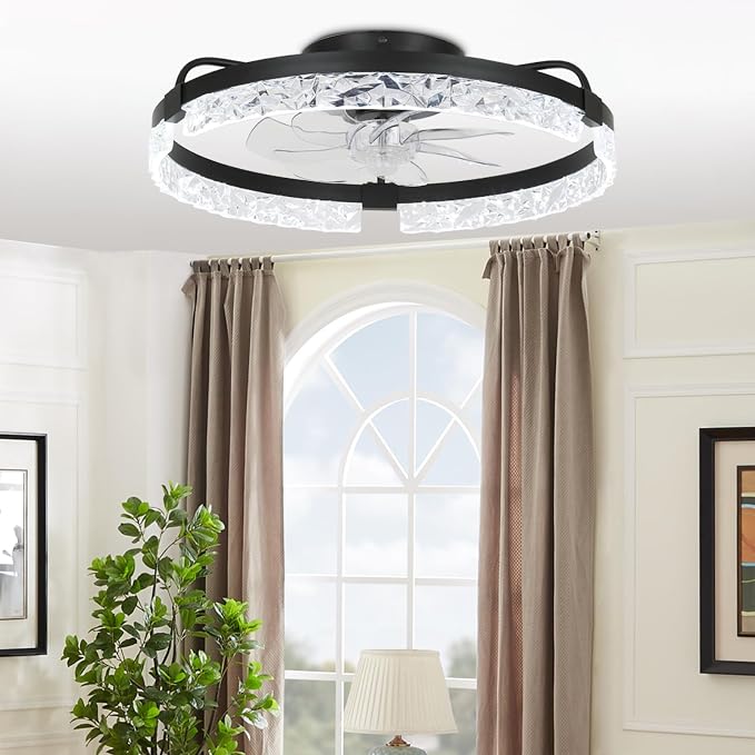 20" Modern LED Ceiling Fan with Lights Dimmable Acrylic Dimmable Low Profile Ceiling Fan Flush Mount Bladeless Chandelier Fan