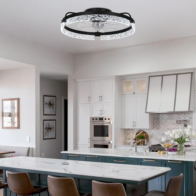 20" Modern LED Ceiling Fan with Lights Dimmable Acrylic Dimmable Low Profile Ceiling Fan Flush Mount Bladeless Chandelier Fan