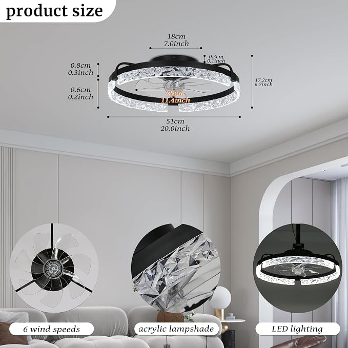 20" Modern LED Ceiling Fan with Lights Dimmable Acrylic Dimmable Low Profile Ceiling Fan Flush Mount Bladeless Chandelier Fan
