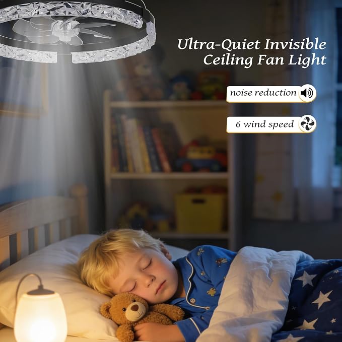 20" Modern LED Ceiling Fan with Lights Dimmable Acrylic Dimmable Low Profile Ceiling Fan Flush Mount Bladeless Chandelier Fan