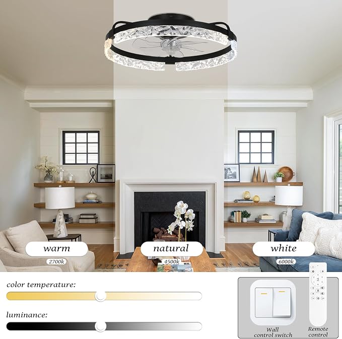 20" Modern LED Ceiling Fan with Lights Dimmable Acrylic Dimmable Low Profile Ceiling Fan Flush Mount Bladeless Chandelier Fan