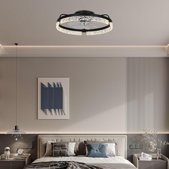 20" Modern LED Ceiling Fan with Lights Dimmable Acrylic Dimmable Low Profile Ceiling Fan Flush Mount Bladeless Chandelier Fan