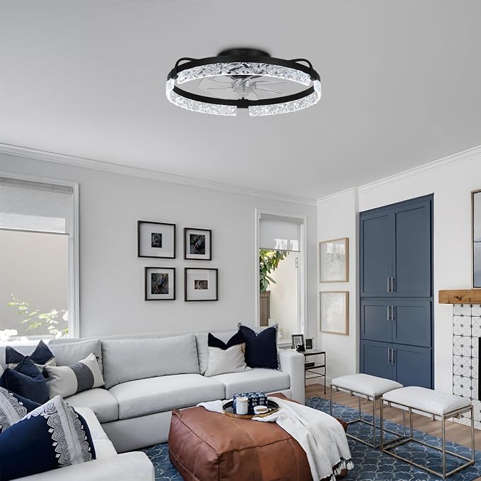 20" Modern LED Ceiling Fan with Lights Dimmable Acrylic Dimmable Low Profile Ceiling Fan Flush Mount Bladeless Chandelier Fan