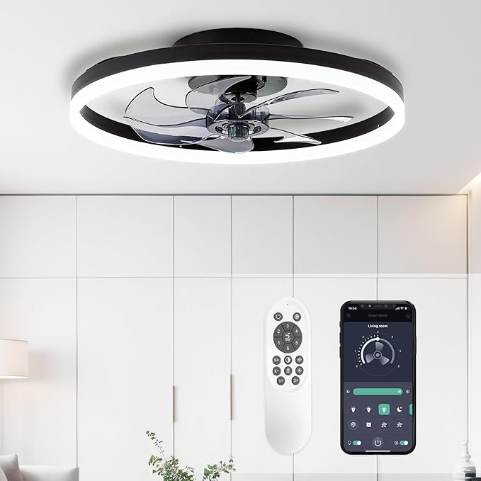20'' Modern Low Profile Ceiling Fan with Light, Bedroom LED Ceiling Fan with Remote Control, Bladeless Flush Mount Black Fan