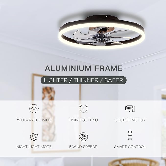 20'' Modern Low Profile Ceiling Fan with Light, Bedroom LED Ceiling Fan with Remote Control, Bladeless Flush Mount Black Fan