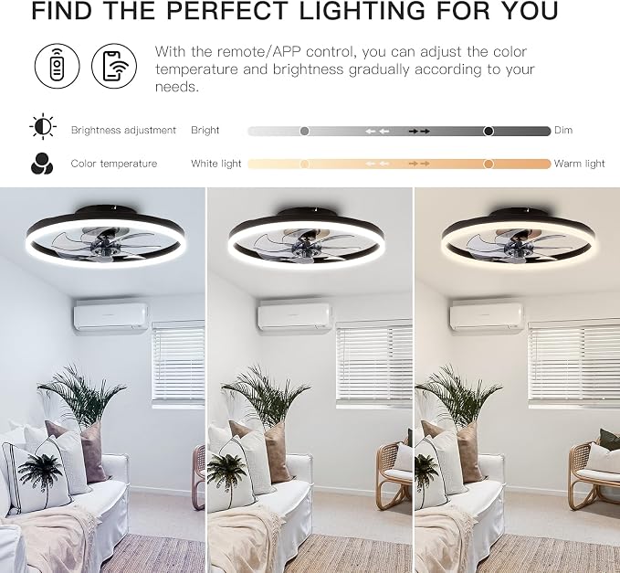 20'' Modern Low Profile Ceiling Fan with Light, Bedroom LED Ceiling Fan with Remote Control, Bladeless Flush Mount Black Fan