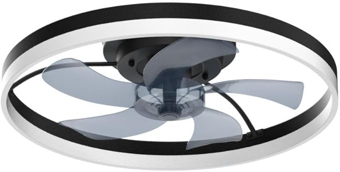 20'' Modern Low Profile Ceiling Fan with Light, Bedroom LED Ceiling Fan with Remote Control, Bladeless Flush Mount Black Fan