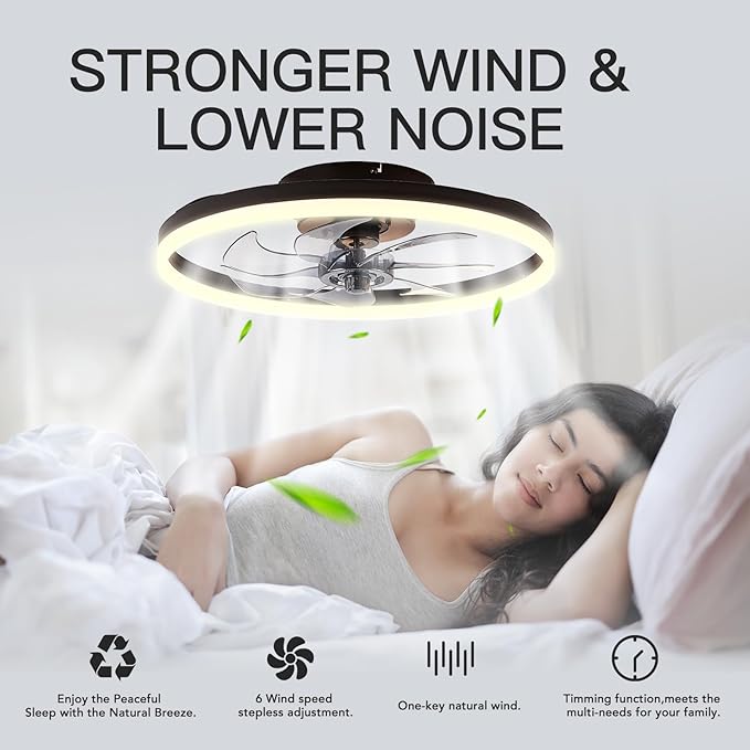 20'' Modern Low Profile Ceiling Fan with Light, Bedroom LED Ceiling Fan with Remote Control, Bladeless Flush Mount Black Fan