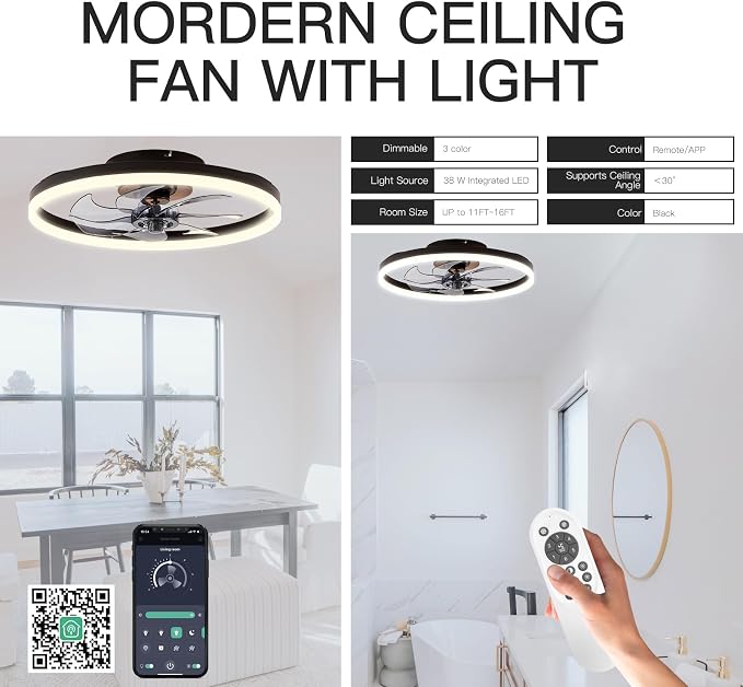 20'' Modern Low Profile Ceiling Fan with Light, Bedroom LED Ceiling Fan with Remote Control, Bladeless Flush Mount Black Fan