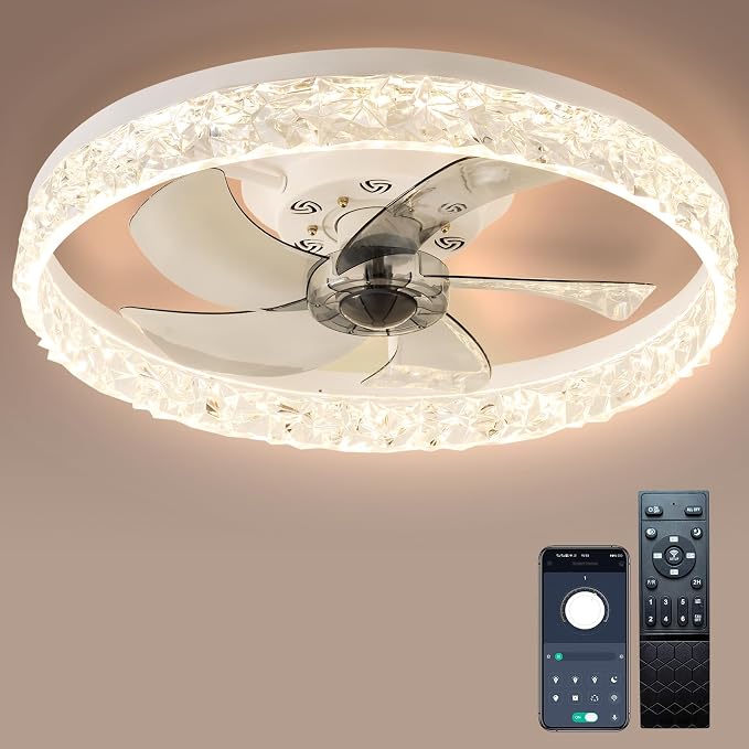 20" Modern Low Profile Ceiling Fan with Light Bedroom LED Ceiling Fan with Remote Control, Bladeless Flush Mount White Fan