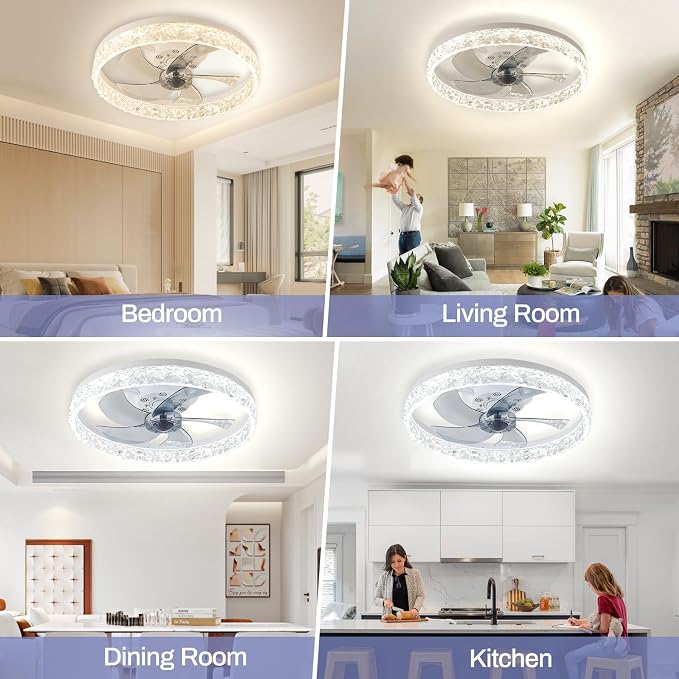 20" Modern Low Profile Ceiling Fan with Light Bedroom LED Ceiling Fan with Remote Control, Bladeless Flush Mount White Fan