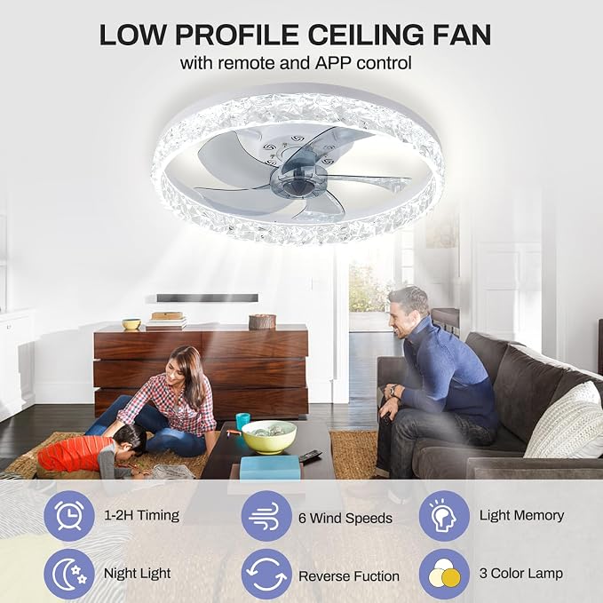 20" Modern Low Profile Ceiling Fan with Light Bedroom LED Ceiling Fan with Remote Control, Bladeless Flush Mount White Fan