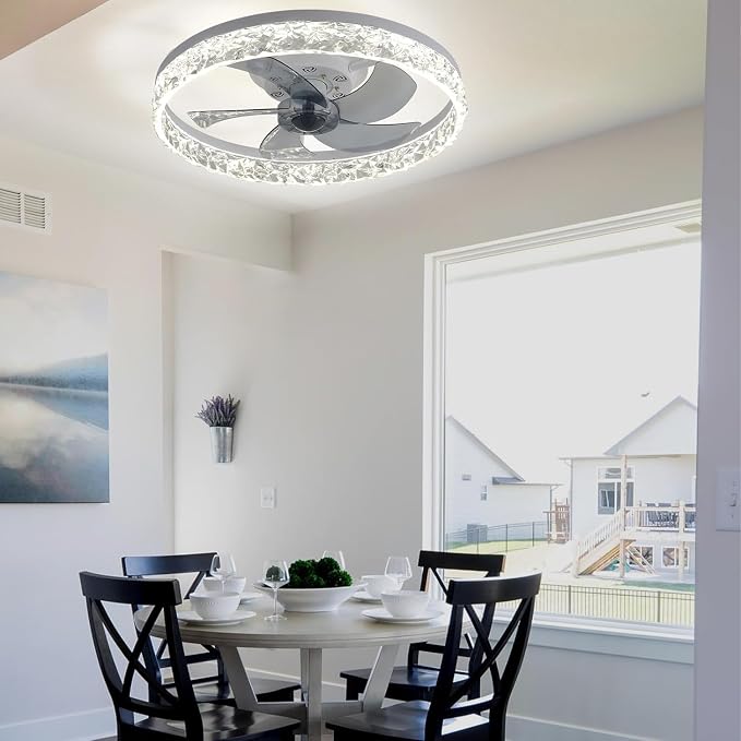 20" Modern Low Profile Ceiling Fan with Light Bedroom LED Ceiling Fan with Remote Control, Bladeless Flush Mount White Fan