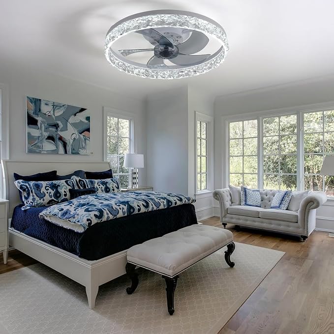 20" Modern Low Profile Ceiling Fan with Light Bedroom LED Ceiling Fan with Remote Control, Bladeless Flush Mount White Fan