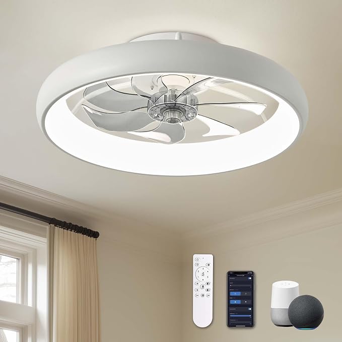 20" Modern White Flush Mount Ceiling Fan with Lights, 6 Wind Speeds, LED, Voice Control, Bedroom, Living Room, Kitchen
