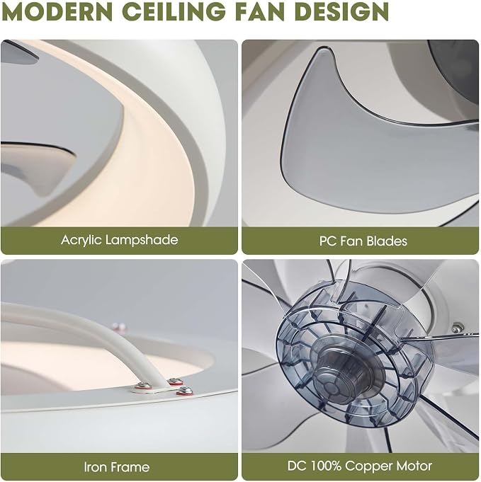 20" Modern White Flush Mount Ceiling Fan with Lights, 6 Wind Speeds, LED, Voice Control, Bedroom, Living Room, Kitchen