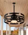 20" Outdoor Ceiling Fan with Light, Black Caged Ceiling Fan with Remote,Modern Enclosed Hanging Fan,IP65 Waterproof Plug in