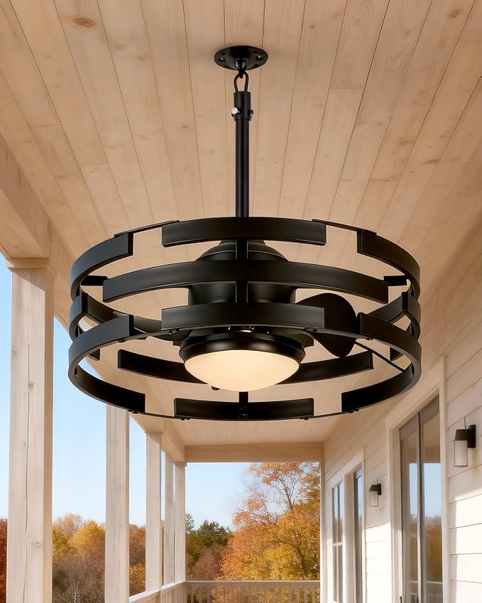 20" Outdoor Ceiling Fan with Light, Black Caged Ceiling Fan with Remote,Modern Enclosed Hanging Fan,IP65 Waterproof Plug in