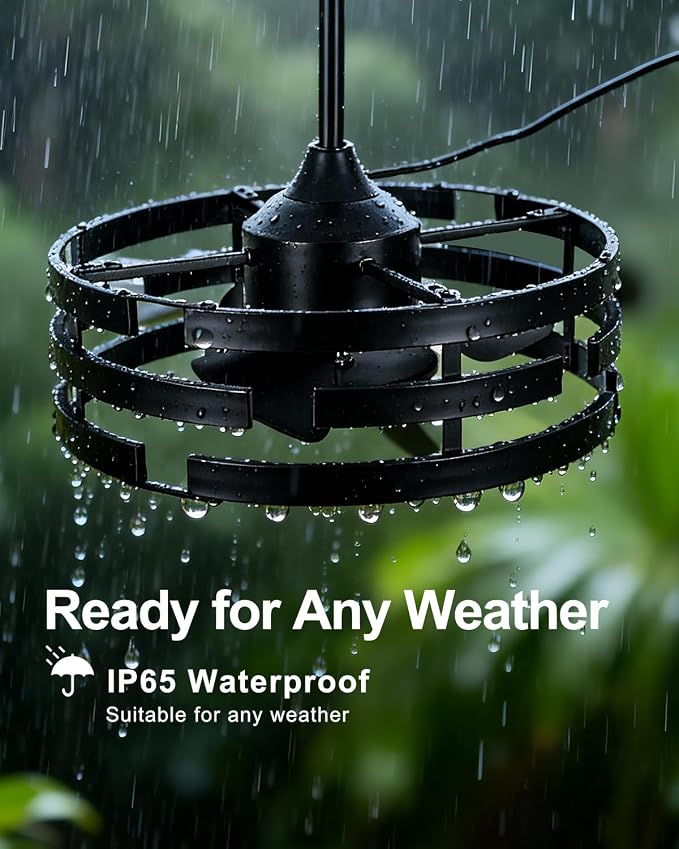 20" Outdoor Ceiling Fan with Light, Black Caged Ceiling Fan with Remote,Modern Enclosed Hanging Fan,IP65 Waterproof Plug in
