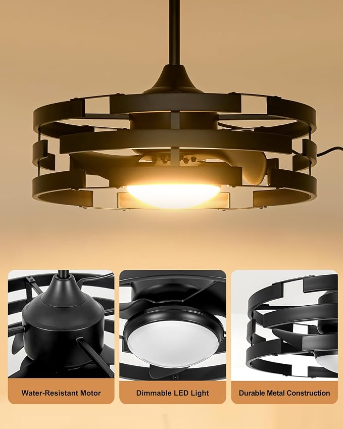 20" Outdoor Ceiling Fan with Light, Black Caged Ceiling Fan with Remote,Modern Enclosed Hanging Fan,IP65 Waterproof Plug in