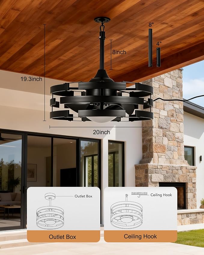 20" Outdoor Ceiling Fan with Light, Black Caged Ceiling Fan with Remote,Modern Enclosed Hanging Fan,IP65 Waterproof Plug in