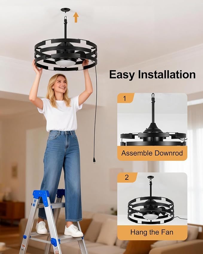 20" Outdoor Ceiling Fan with Light, Black Caged Ceiling Fan with Remote,Modern Enclosed Hanging Fan,IP65 Waterproof Plug in