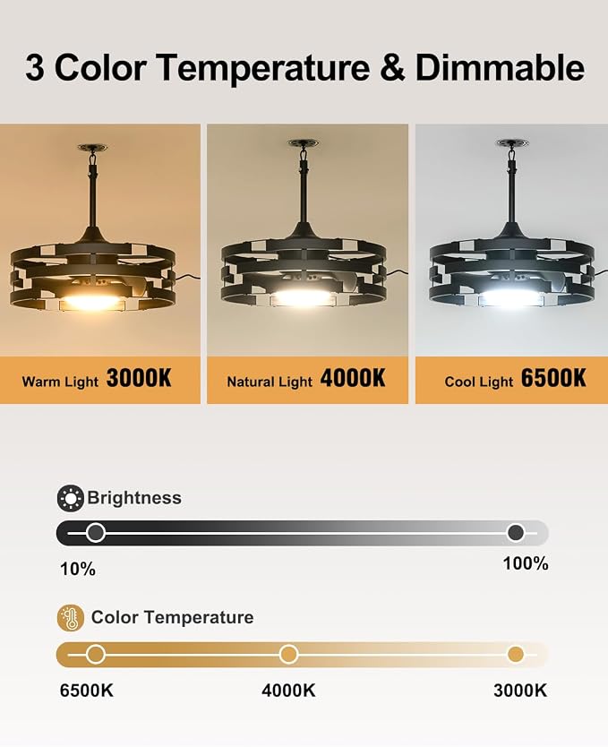 20" Outdoor Ceiling Fan with Light, Black Caged Ceiling Fan with Remote,Modern Enclosed Hanging Fan,IP65 Waterproof Plug in