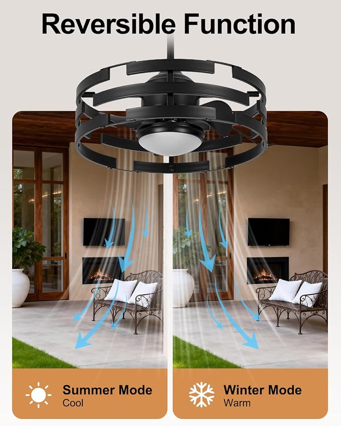 20" Outdoor Ceiling Fan with Light, Black Caged Ceiling Fan with Remote,Modern Enclosed Hanging Fan,IP65 Waterproof Plug in