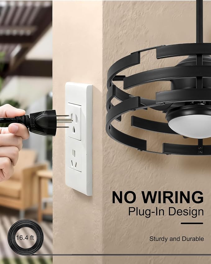 20" Outdoor Ceiling Fan with Light, Black Caged Ceiling Fan with Remote,Modern Enclosed Hanging Fan,IP65 Waterproof Plug in