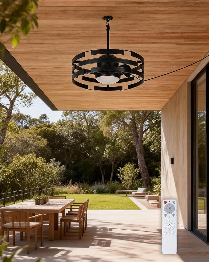 20" Outdoor Ceiling Fan with Light, Black Caged Ceiling Fan with Remote,Modern Enclosed Hanging Fan,IP65 Waterproof Plug in