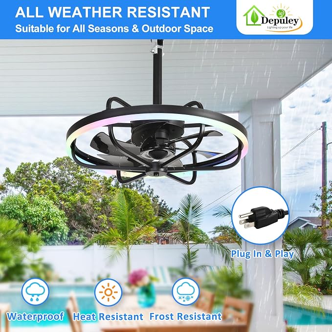 20" Outdoor Ceiling Fan with Light: RGB Waterproof Gazebo Hanging Fan with Remote App Control - Dimmable Plug in Caged